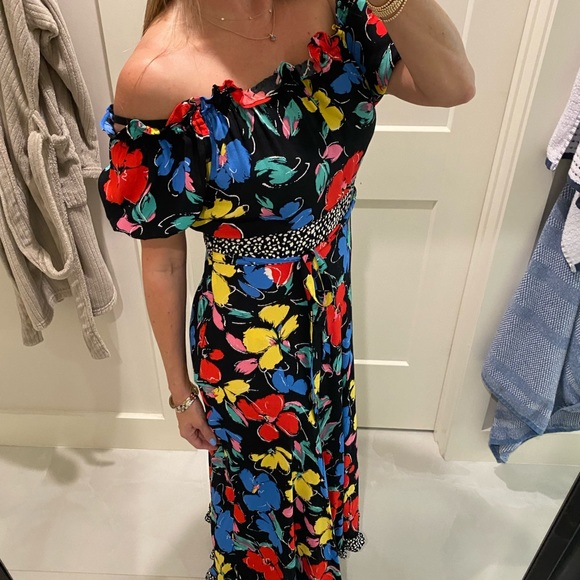 Rixo Target Floral Off Shoulder Puff Sleeve Dress Black Multicolor - Picture 2 of 10